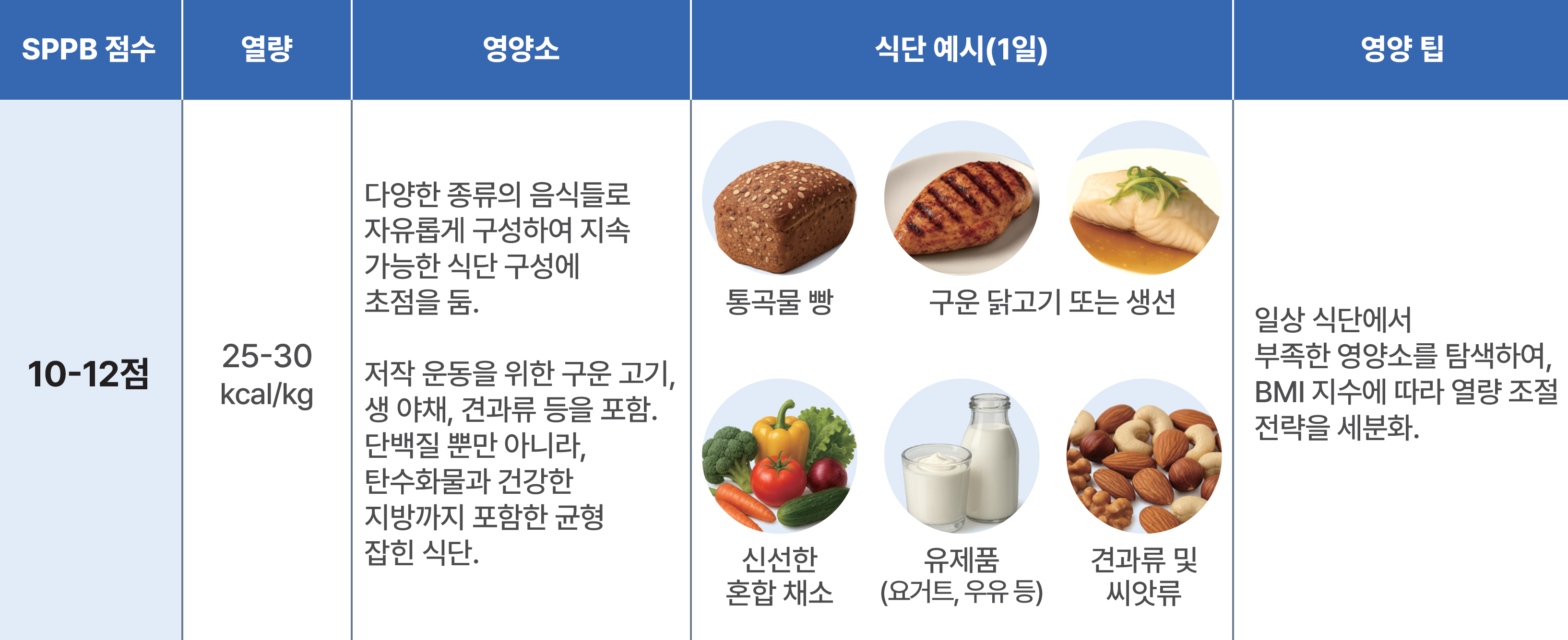 SPPB 10–12점 대상자의 영양 개입전략 예시